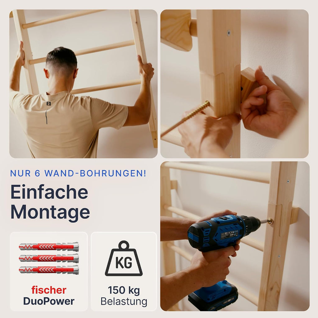 Einfache Montage der Sprossenwand mit nur 6 Bohrungen und Fischer DuoPower Dübeln