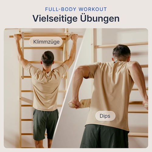 Klimmzüge und Dips an der gurkler Sprossenwand aus Holz