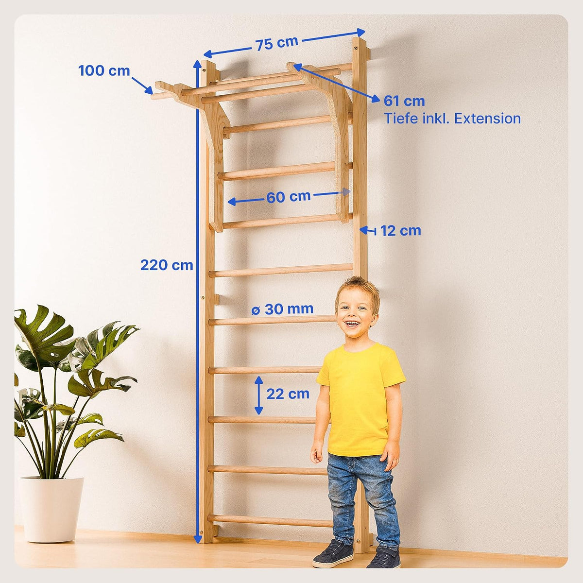 Maße der gurkler Sprossenwand: 220 × 75 cm, Tiefe mit Extension 61 cm, Sprossen Ø 30 mm